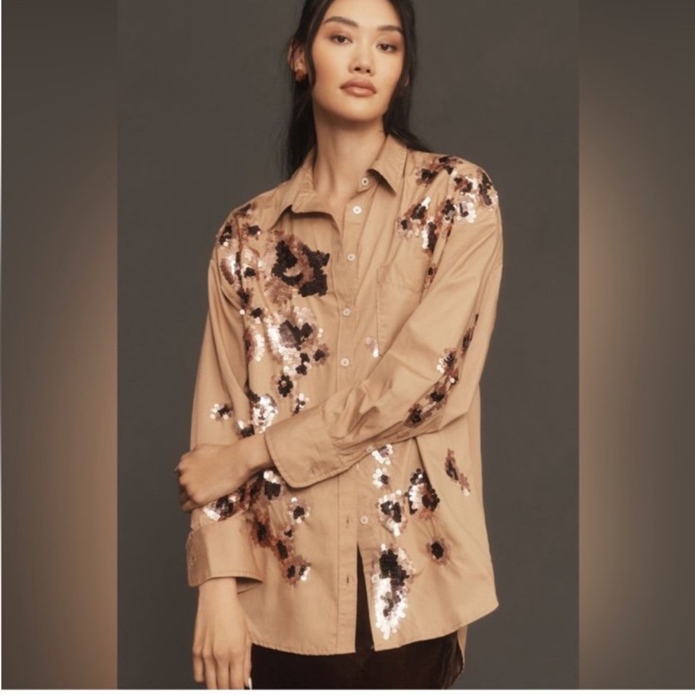 Anthropologie The Bennet Buttondown Shirt by Maeve Sequin Leopard Edition Size L